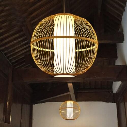 Creative Round Bamboo Lantern Pendant Light Handmade Wood Suspension Lamp For living room restaurant bar Pendant lighting AL002