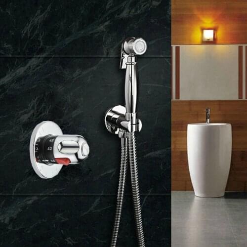 Thermostatic Mixing Valve + Brass Toilet Hand Held Bidet Spray Shattaf Sprayer Shower Set Jet Douche kit + Brass Holder