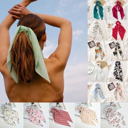 Print Ribbon Elastic Hairbands Satin Long Ribbon Ponytail Scarf Hair Tie Bow knot Headbands Hair Accessories For Women