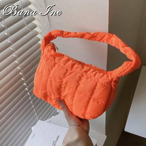 Small Down Fabric Baguette Bag for Women 2021 Lattice Designer Luxury Fashion Armpit Shoulder Purses and Handbags