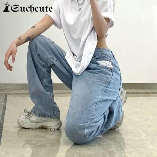 SUCHCUTE Streetwear Women Jeans Korean Fashion Hole Baggy Straight Pants Hight Waist Harajuku Casual Denim Trousers Y2K Clothes