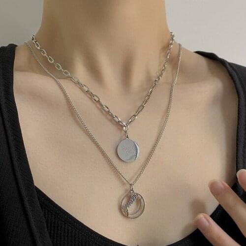 VSnow Minimalist Double Layer Circle Geometric Hollow Out Letter Pendant Necklace for Women Mix Chunky Chain Necklace Jewelry