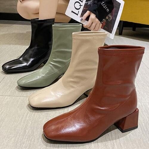 Fashion Ladies 2021 Modern Boots Square Toe Med Heels Shoes Autumn Winter Female Slip On Shoes Women Ankle Short Chelsea Boots
