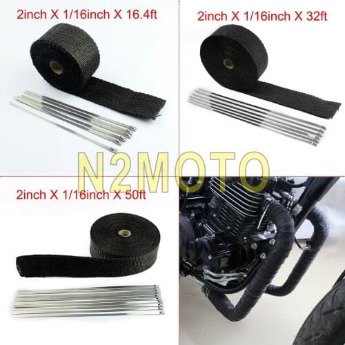 Motorcycle Black Exhaust Pipe Wrap 2"X1/16" 16.4ft 32ft 50ft Header 5m 10m 15m Heat Roll Wraps Stainless Tie Universal