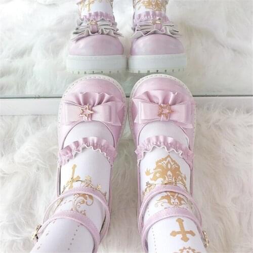 New Kawaii Girl Daily Loli Wear Sweet Lolita Shoes Vintage Round Head Thick Bottom Women Lace Ruffle Bowknot Cosplay Star Buckle