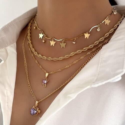 Shine Crystal Heart Charm Twisted Chain Necklaces For Women Gold Color Metal Butterfly Choker Necklace Sets Wedding Jewelry Gift