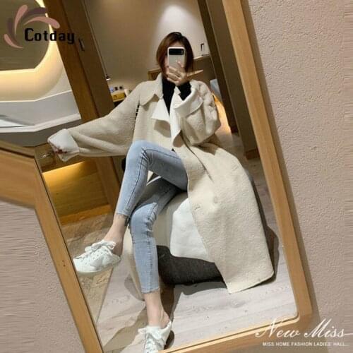 Cotday Long Lambs Wool Duffle Coat Women Winter Warm Trend Belt Turn-down Fur Collar Loose White High Street Woolen Blend Coat