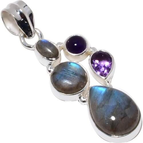Nature Labradorite + Amethyst Pendant 925 Sterling Silver, 44 mm, MHBAP5695