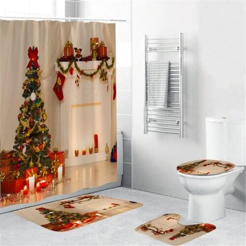 Merry Christmas Bathroom Set White Fireplace Shower Curtain and Rug Sets Anti-slip Mat Toilet Lid Cover Carpet Bath Curtains