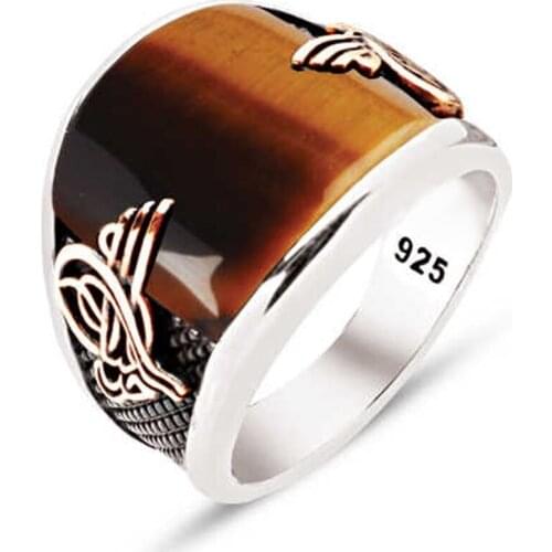 Silver Custom Cut Tiger Eye Stone Ottoman Crested Male Ring