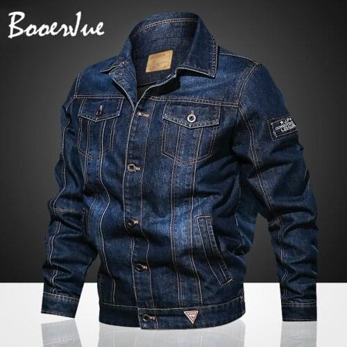 Plus Size M-6XL Fashion Denim Jacket Men Casual Mens Slim Fit Jean Outcoat Brand Stand Collar Blue Pilot Coat Mens Windbreaker