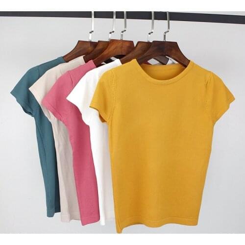 BYGOUBY Summer Knitted Women T shirt High Elasticity O-Neck Short Sleeves Tee Shirt Breathable Female Tshirt