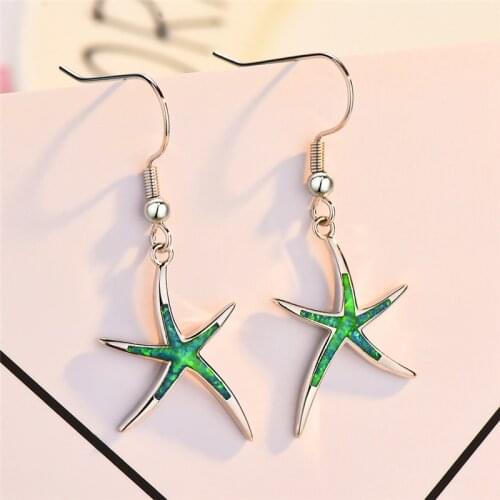 Girls Cute Starfish Earrings 925 Sterling Silver Filled Blue Green Fire Opal Stone Drop Earrings For Women Wedding Jewelry Gifts