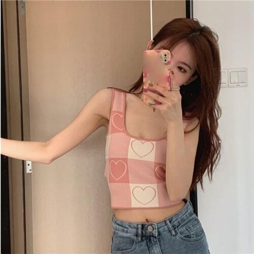 Womens Sweet Sexy Sling Summer Short Top Korean Love Color Contrast Crop Tops for Women