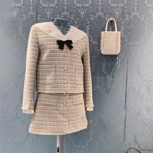 Ladies Elegant Office Suit Long Sleeve Bowknot Jacket + Mini Skirt Korean Fashion Pearl Button Two-Piece Set 2021 Summer New