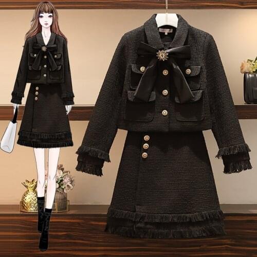 Plus Size Small fragrance Runway Women Woolen Suit Black 2 Piece Set Vintage Bow Tassel Tweed Jacket Coat + Skirt Two Piece Set
