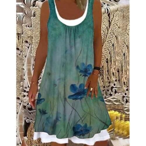 Knee Length Dress Women Fashion Dresses Loose Casual Sleeveless Floral Print Round Neck Splice Summer Dress Plus Size New