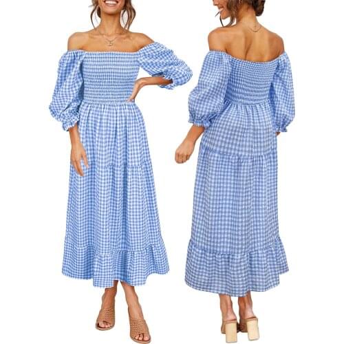 Women Dress Summer Dresses For Women 2021 Bohemian Dress Off-shoulder Puff Sleeve Plaid Maxi Dress 6 Colors