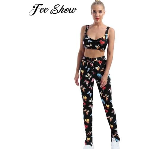 2Pcs Women Summer Sweet Suits Butterfly Print Casual Outfit Shoulder Straps Crop Top Elastic Waistband Flared Trousers Pants Set