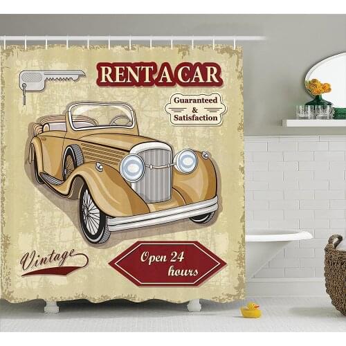 Cars Shower Curtain Vintage Car Rentals Commercial Illustration Print with Keys Original Dated Auto Objects Bathroom Curtains