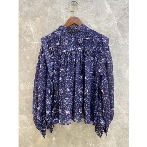 2021 New blue Floral Print Cotton blouse Drop shooulder LOng sleeves Embroidered detail Fashion top NEW