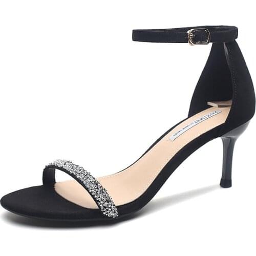 Women sandals Flock Sequined Cloth Buckle Strap 6CM Thin Heels High heels Round Toe Bling Shallow sandal women shoes size 35-42