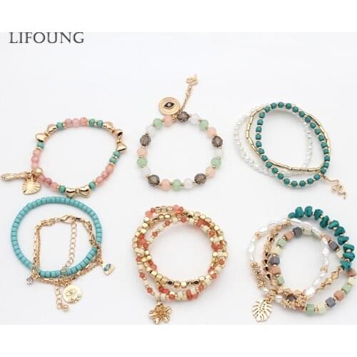 Bohemia Bracelets Charming Set Handmade Wristlet Evil Eyes Charm Leaf Bangle Mixed Crystal Acrylic Glass Stones New Style 202141