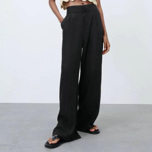 2021 New Spring Autumn Women Elegant Elastic High Waist Wide Leg Loose Beige Black Pants Ladies High Street Free Long Trousers