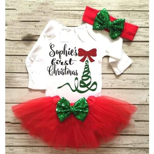 FOCUSNORM 3pcs Infant Baby Girls Christmas Clothes Sets 1-5Y Santa Trees Printed Romper Bowknot Tutu Skirts Headband