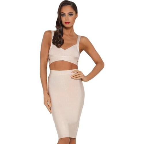 Rayon Knee Length Spaghetti Strap 2018 Fashion New Nude Bandage Two Piece