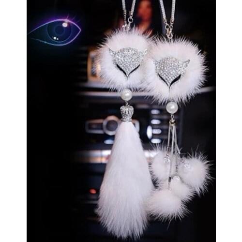 Fashion Plush Fox Rear View Mirror Ornament Fur Car Mirror Hanging Accessories for Girls Women Bling Bling Diamond Pendant Cute