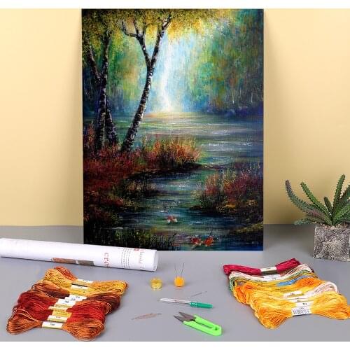 Natural Scenery Koi Waters Printed 11CT Cross Stitch DIY Embroidery Complete Kit DMC Threads Handicraft Handiwork Wholesale