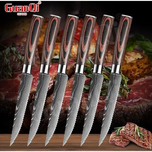 Damascus Pattern Steak Knife Set Dinner Knives Stainless Steel Serrated Knife Wood Handle Table Knife Kitchen Cleaver Knife
