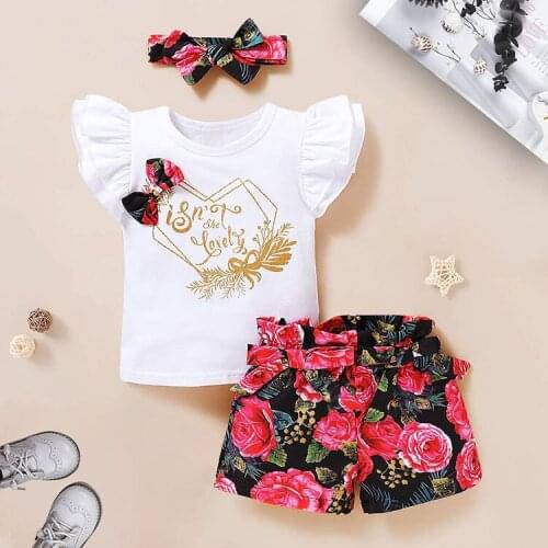 0-24M Newborn Baby Girl Short Sleeve Cotton T-shirt Tops Floral Shorts Headband 3PCS Outfits Summer Clothes Set