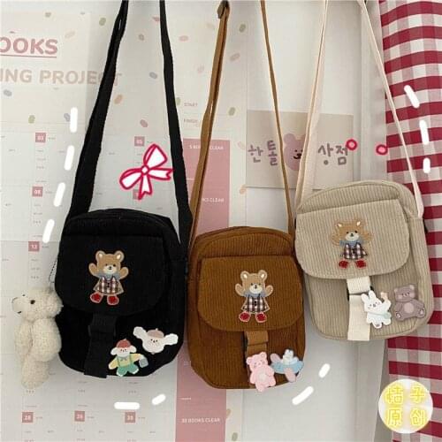 Harajuku Antique Girl Student Messenger Bag Lovely Retro Bear Corduroy Bag Ladies One Shoulder Messenger Bag Mini Bag