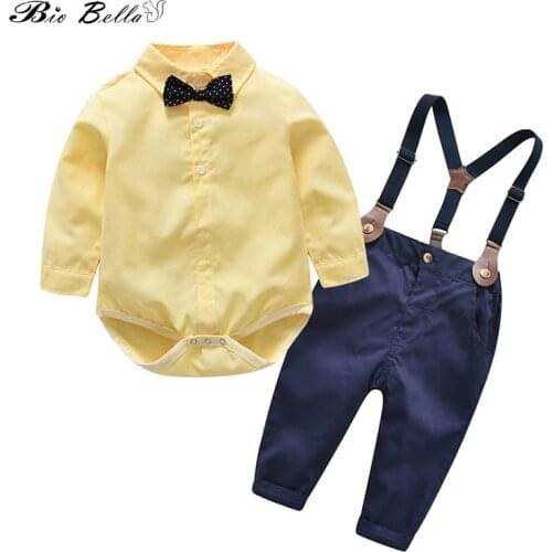 Spring Autumn Boys Clothes Set Boy Gentleman Outfits Long Sleeve Romper Bodysuit with Bow Tie+Suspenders Trousers Kids Clothing