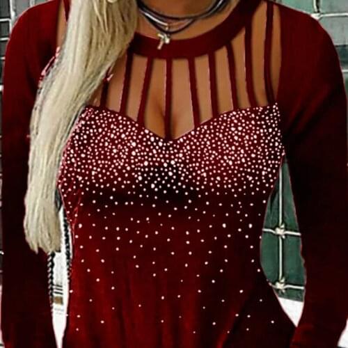 New 2021 Spring Autumn Tee Shirt Hollow Out Women Sequins Long Sleeve O-neck T-shirt Sexy Embroidered Diamond Tops Y2k