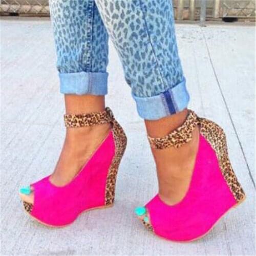 FGHGF Womens sandals, rose and leopard print wedge sandals, high-heeled sandals, sexy peep-toe sandals