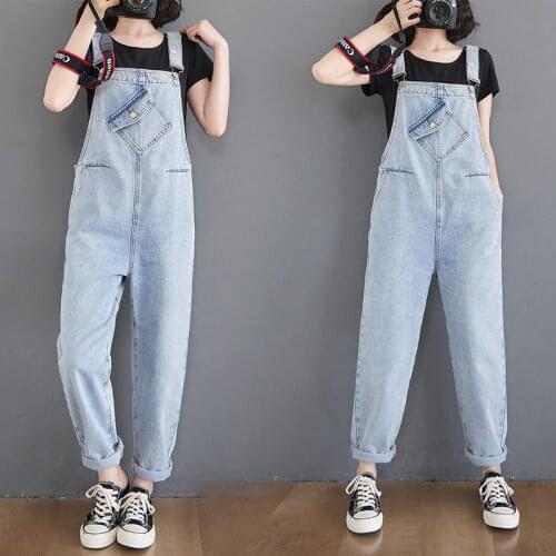2021 New Sky Blue Womens Denim Overalls Spring Loose Wide Leg Jeans Jumpsuit Pockets Off Shoulder Straps Dungarees Casual Pants