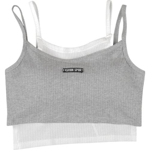 Women Contrast Color Fake 2 Piece Camisole Letters Label Ribbed Spaghetti Strap Slim Crop Top Harajuku Summer Casual Basic Sport