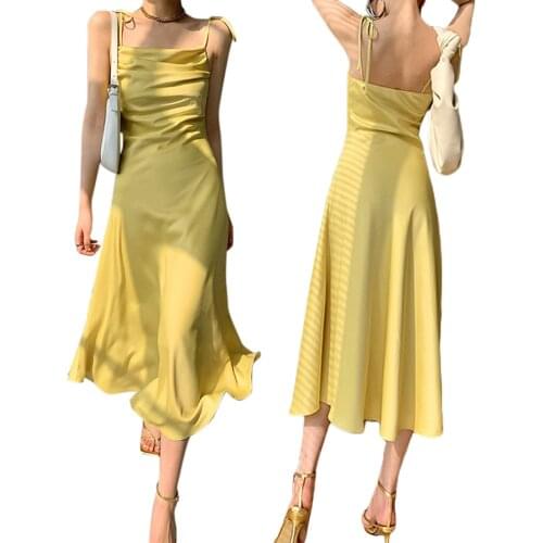 2021 New Slim Fashion Women Summer A-line Dress, Adults Sleeveless Tie-up Solid Color Boat Neck Spaghetti Strap