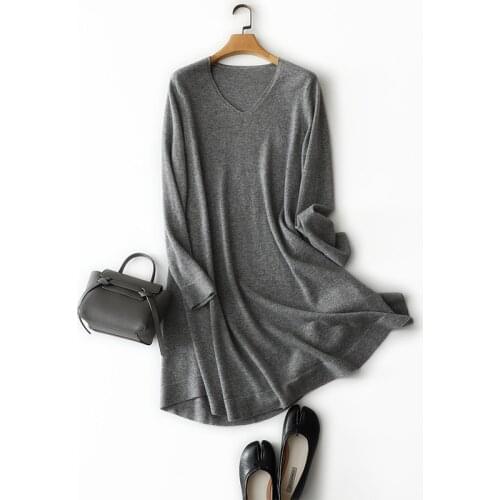 100% cashmere simple casual sweater dresses women v neck long sleeve elegant knee length pullovers knitted warm knitwear