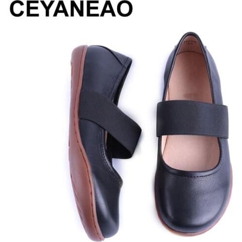 CEYANEAO Women Shoes Plus Elastic Waist Band Slip on Ballerina Shoes 100% Genuine Leather Flat Shoes Women Ballerinas