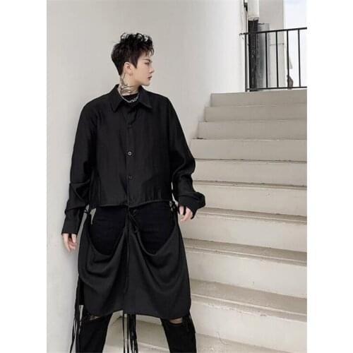 Spring Summer Detachable Long Shirt Men Hip Hop Punk Black Shirts Women Harajuku Casual Blouse Camisa Hombre