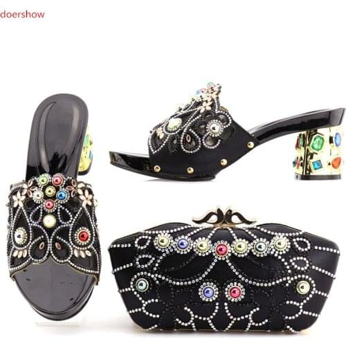 Doershow African Shoes And Bag Set 2018 Italian Rhineston Super low Heels Shoes And Bags To Match For Party!DA1-1