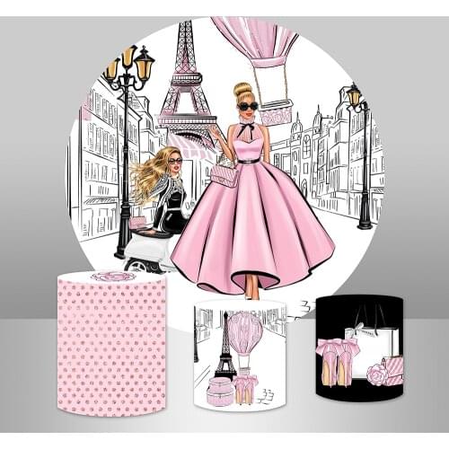 Round Backdrops Circle Background Fashion Parisian Girl Backdrop Pink Diamond Birthday Party Candy table Cylinder Covers