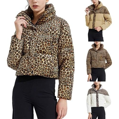 Lusofie Winter Leopard Printed Patchwork Short Jacket Women Long-sleeved Cotton-padded Coats Outdoor Female Streetwear 2021