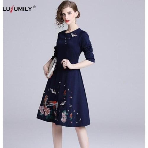 Lusumily Women Embroidery Dress Female Spring New Autumn Casual Office Dress Long Sleeve Elegant Retro Party Dress Girl Robe