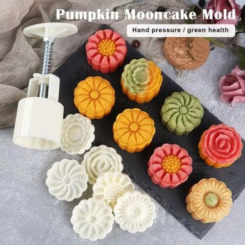 Round Flower Mooncake Mold Set Mid Autumn Festival DIY Hand Pressure Fondant Moon Cake Mould Decoration Tool