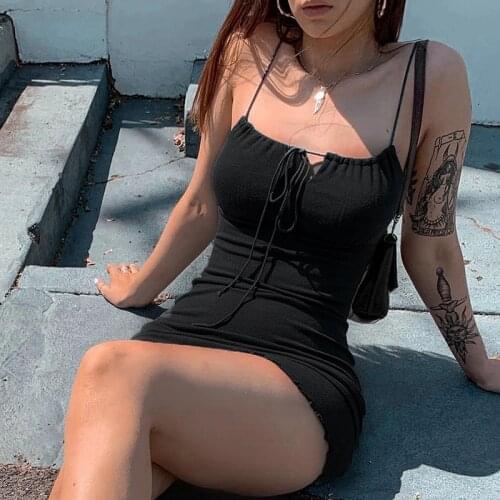 2021womens new DressBlack Front Bandage Sleeveless Spaghetti Strap Mini Dresses Skinny Elastic Sexy Ruffles Hem Summer Dress